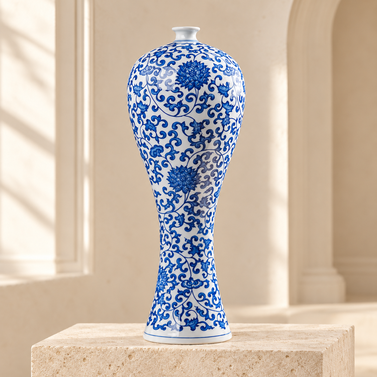 SOGNA blue and white porcelain plum vase on limestone