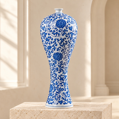 SOGNA blue and white porcelain plum vase on limestone