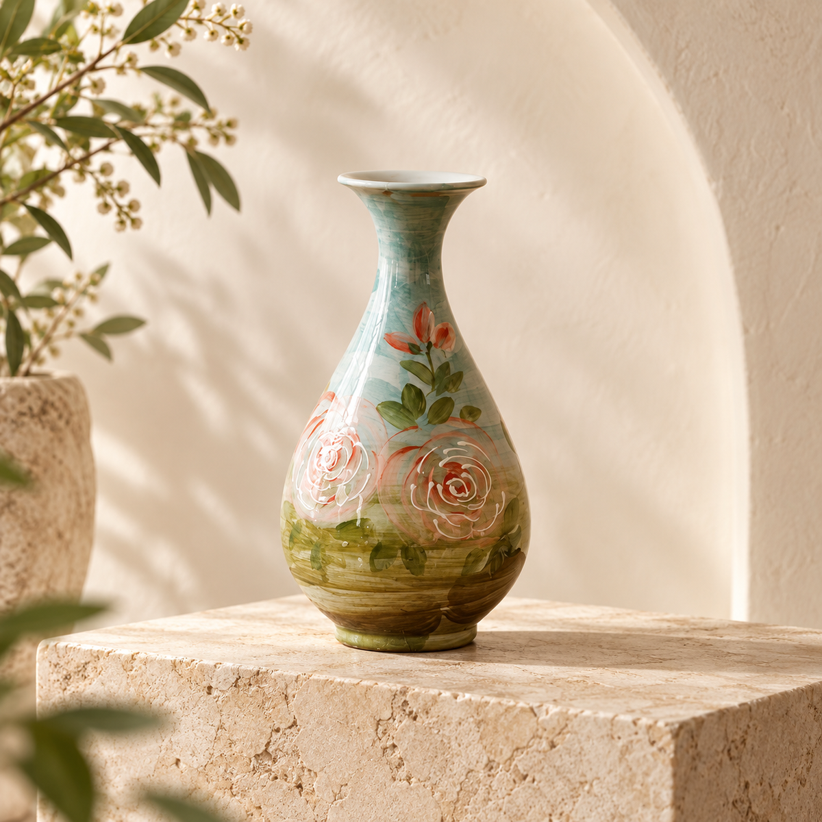 SOGNA botanical ceramic vase on limestone