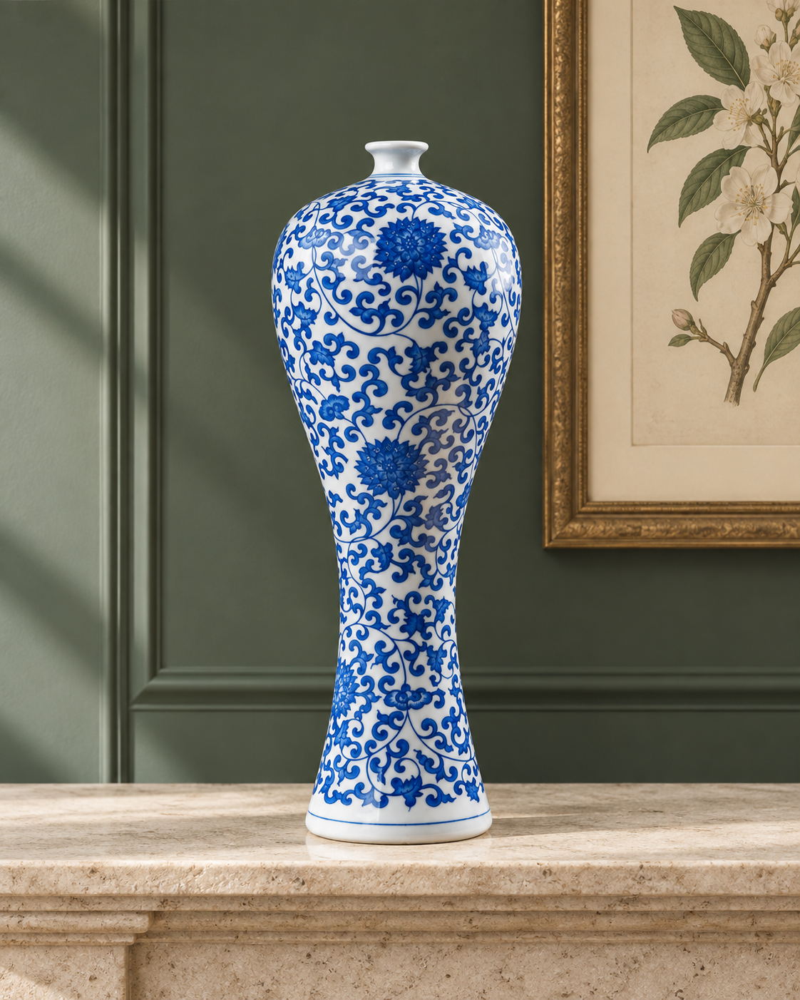 SOGNA Heritage blue and white porcelain vase in a botanical museum interior